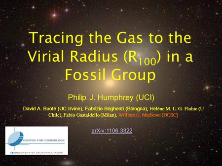 Philip J. Humphrey (UCI) Tracing the Gas to the Virial Radius (R 100 ) in a Fossil Group arXiv:1106.3322 David A. Buote (UC Irvine), Fabrizio Brighenti.
