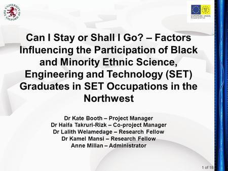1 of 18 Can I Stay or Shall I Go? – Factors Influencing the Participation of Black and Minority Ethnic Science, Engineering and Technology (SET) Graduates.