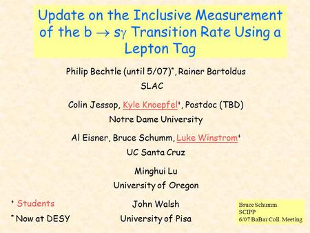 Update on the Inclusive Measurement of the b  s  Transition Rate Using a Lepton Tag Philip Bechtle (until 5/07) *, Rainer Bartoldus SLAC Colin Jessop,