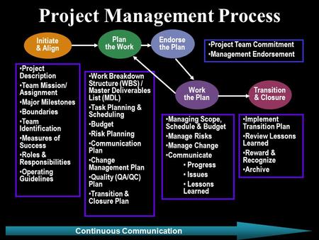 Project Management Process Project Description Team Mission/ Assignment Major Milestones Boundaries Team Identification Measures of Success Roles & Responsibilities.