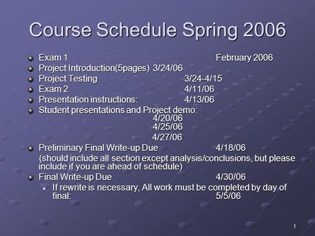 1 Course Schedule Spring 2006 Exam 1 February 2006 Project Introduction(5pages)3/24/06 Project Testing 3/24-4/15 Exam 2 4/11/06 Presentation instructions: