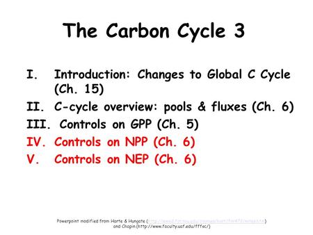 The Carbon Cycle 3 I.Introduction: Changes to Global C Cycle (Ch. 15) II.C-cycle overview: pools & fluxes (Ch. 6) III. Controls on GPP (Ch. 5) IV.Controls.