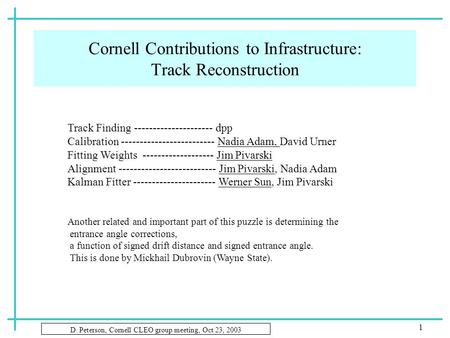 D. Peterson, Cornell CLEO group meeting, Oct 23, 2003 1 Cornell Contributions to Infrastructure: Track Reconstruction Track Finding ---------------------