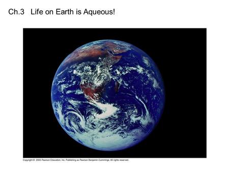 Ch.3 Life on Earth is Aqueous!. Predominance of Water -3/4 of earth covered with water (liquid & solid) -cells are 70-95% water -all organisms require.
