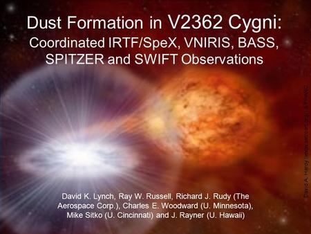 Dust Formation in V2362 Cygni: Coordinated IRTF/SpeX, VNIRIS, BASS, SPITZER and SWIFT Observations David K. Lynch, Ray W. Russell, Richard J. Rudy (The.