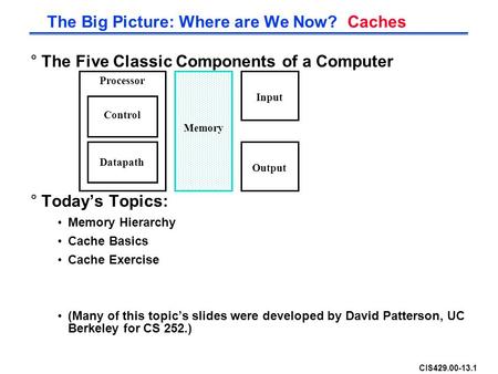 CIS429.00-13.1 °The Five Classic Components of a Computer °Today’s Topics: Memory Hierarchy Cache Basics Cache Exercise (Many of this topic’s slides were.