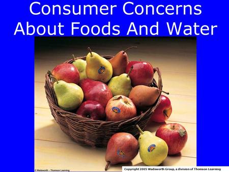 Consumer Concerns About Foods And Water Copyright 2005 Wadsworth Group, a division of Thomson Learning.