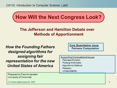 1 How the Founding Fathers designed algorithms for assigning fair representation for the new United States of America How Will the Next Congress Look?
