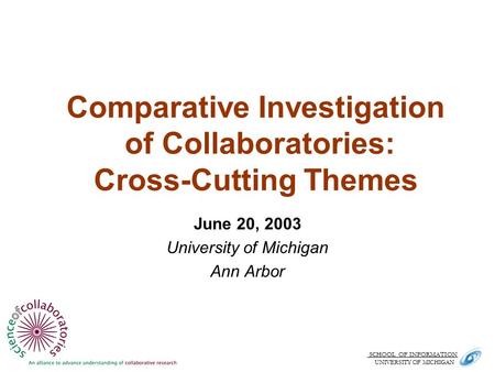 SCHOOL OF INFORMATION. UNIVERSITY OF MICHIGAN Comparative Investigation of Collaboratories: Cross-Cutting Themes June 20, 2003 University of Michigan Ann.
