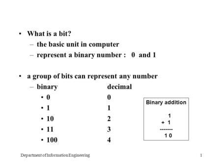Department of Information Engineering1 What is a bit? –the basic unit in computer –represent a binary number : 0 and 1 a group of bits can represent any.