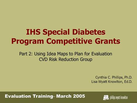IHS Special Diabetes Program Competitive Grants Part 2: Using Idea Maps to Plan for Evaluation CVD Risk Reduction Group Cynthia C. Phillips, Ph.D. Lisa.