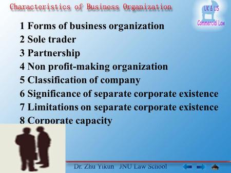 1 Forms of business organization 2 Sole trader 3 Partnership 4 Non profit-making organization 5 Classification of company 6 Significance of separate corporate.