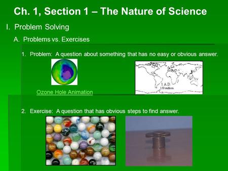 Ch. 1, Section 1 – The Nature of Science I. Problem Solving A. Problems vs. Exercises 1.Problem: A question about something that has no easy or obvious.