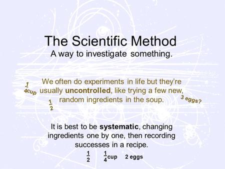 A way to investigate something. We often do experiments in life but they’re usually uncontrolled, like trying a few new, random ingredients in the soup.