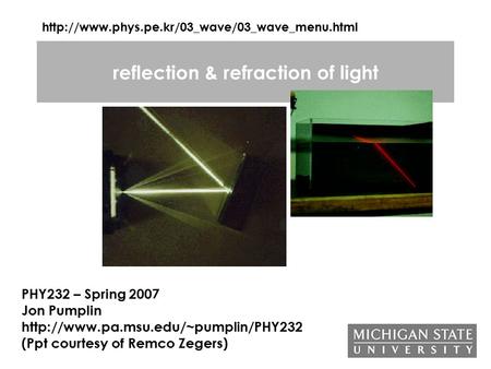 Reflection & refraction of light PHY232 – Spring 2007 Jon Pumplin  (Ppt courtesy of Remco Zegers)