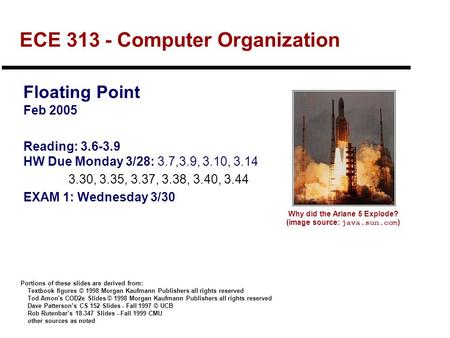 ECE 313 - Computer Organization Floating Point Feb 2005 Reading: 3.6-3.9 HW Due Monday 3/28: 3.7,3.9, 3.10, 3.14 3.30, 3.35, 3.37, 3.38, 3.40, 3.44 EXAM.