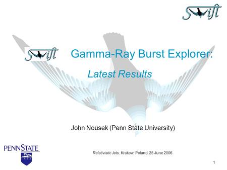 1 John Nousek (Penn State University) Gamma-Ray Burst Explorer: Latest Results Relativistic Jets, Krakow, Poland, 25 June 2006.