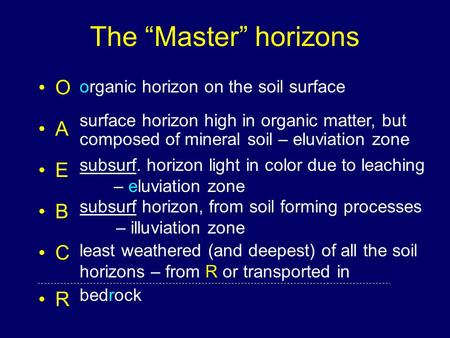The “Master” horizons O A E B C R organic horizon on the soil surface
