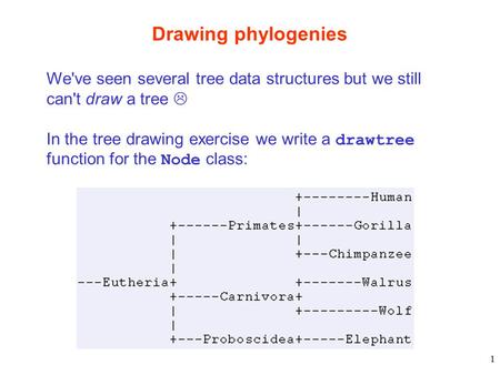 1 Drawing phylogenies We've seen several tree data structures but we still can't draw a tree  In the tree drawing exercise we write a drawtree function.