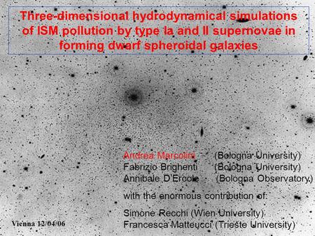 Three-dimensional hydrodynamical simulations of ISM pollution by type Ia and II supernovae in forming dwarf spheroidal galaxies Andrea Marcolini (Bologna.
