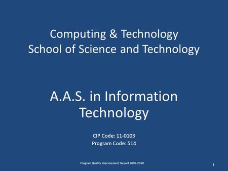 Computing & Technology School of Science and Technology A.A.S. in Information Technology CIP Code: 11-0103 Program Code: 514 1 Program Quality Improvement.