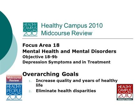 Healthy Campus 2010 Midcourse Review Focus Area 18 Mental Health and Mental Disorders Objective 18-9b Depression Symptoms and in Treatment Overarching.