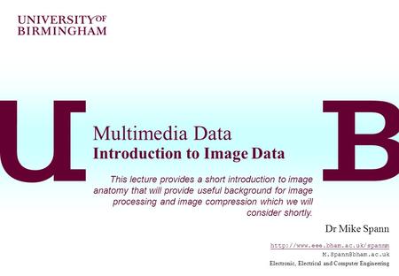Multimedia Data Introduction to Image Data Dr Mike Spann  Electronic, Electrical and Computer Engineering.