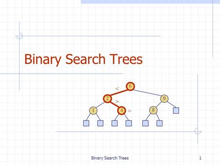 Binary Search Trees1 6 9 2 4 1 8   . 2 Ordered Dictionaries Keys are assumed to come from a total order. New operations: closestKeyBefore(k) closestElemBefore(k)