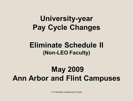 University-year Pay Cycle Changes Eliminate Schedule II (Non-LEO Faculty) May 2009 Ann Arbor and Flint Campuses U Yr Schedule Chg Interchg 05_09.ppt.