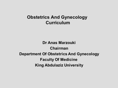 Obstetrics And Gynecology Curriculum