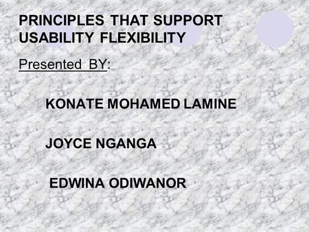 PRINCIPLES THAT SUPPORT USABILITY FLEXIBILITY Presented BY: KONATE MOHAMED LAMINE JOYCE NGANGA EDWINA ODIWANOR.