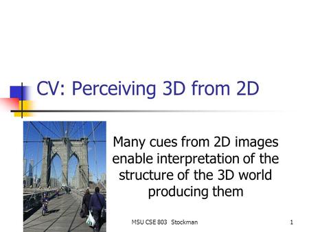 MSU CSE 803 Stockman1 CV: Perceiving 3D from 2D Many cues from 2D images enable interpretation of the structure of the 3D world producing them.
