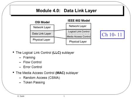 1 K. Salah Module 4.0: Data Link Layer The Logical Link Control (LLC) sublayer –Framing –Flow Control –Error Control The Media Access Control (MAC) sublayer.