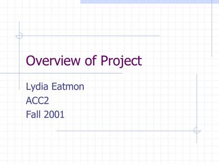 Overview of Project Lydia Eatmon ACC2 Fall 2001. Project Adaptive Cruise Control Diver aid, part cruise control, part collision avoidance Motivation for.