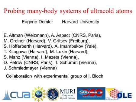 Probing many-body systems of ultracold atoms E. Altman (Weizmann), A. Aspect (CNRS, Paris), M. Greiner (Harvard), V. Gritsev (Freiburg), S. Hofferberth.