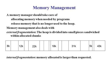 Memory Management A memory manager should take care of allocating memory when needed by programs release memory that is no longer used to the heap. Memory.