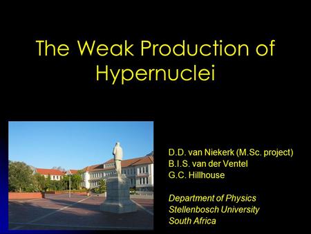 The Weak Production of Hypernuclei D.D. van Niekerk (M.Sc. project) B.I.S. van der Ventel G.C. Hillhouse Department of Physics Stellenbosch University.