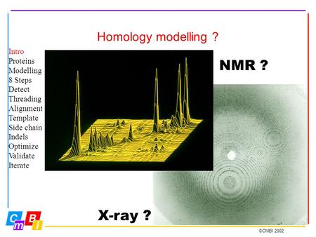 ©CMBI 2002 Homology modelling ? X-ray ? NMR ? Intro Proteins Modelling 8 Steps Detect Threading Alignment Template Side chain Indels Optimize Validate.