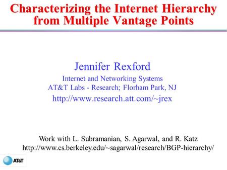 Characterizing the Internet Hierarchy from Multiple Vantage Points Jennifer Rexford Internet and Networking Systems AT&T Labs - Research; Florham Park,