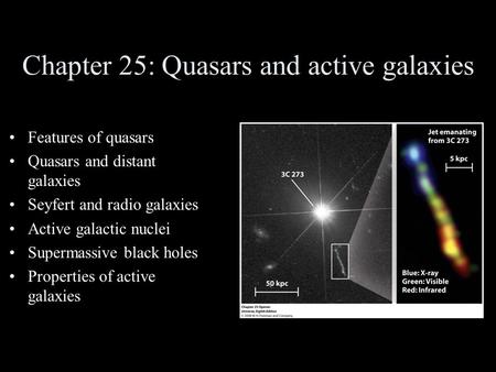 Chapter 25: Quasars and active galaxies Features of quasars Quasars and distant galaxies Seyfert and radio galaxies Active galactic nuclei Supermassive.