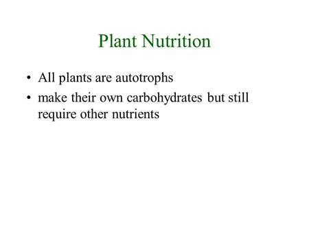 Plant Nutrition All plants are autotrophs make their own carbohydrates but still require other nutrients.