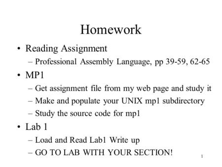 1 Homework Reading Assignment –Professional Assembly Language, pp 39-59, 62-65 MP1 –Get assignment file from my web page and study it –Make and populate.