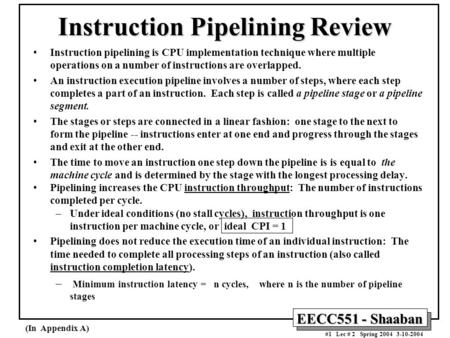 Instruction Pipelining Review
