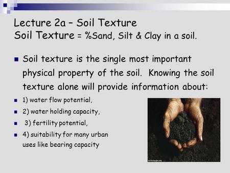 Lecture 2a – Soil Texture Soil Texture = %Sand, Silt & Clay in a soil. Soil texture is the single most important physical property of the soil. Knowing.