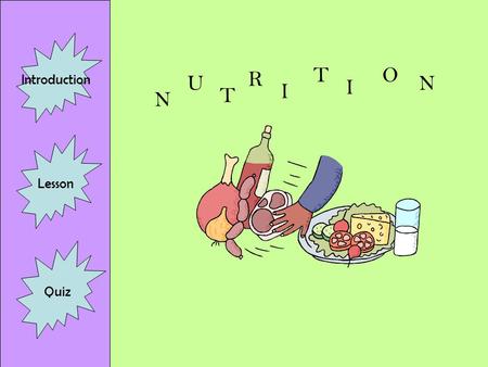 N U T R I T I O N Introduction Lesson Quiz Introduction Subject: Food Guide Pyramid Grade Level: 1 st -2 nd Description: This activity will enable students.
