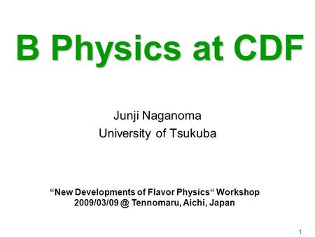 1 B Physics at CDF Junji Naganoma University of Tsukuba “New Developments of Flavor Physics“ Workshop Tennomaru, Aichi, Japan.