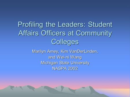 Profiling the Leaders: Student Affairs Officers at Community Colleges Marilyn Amey, Kim VanDerLinden, and Wei-ni Wang Michigan State University NASPA 2002.