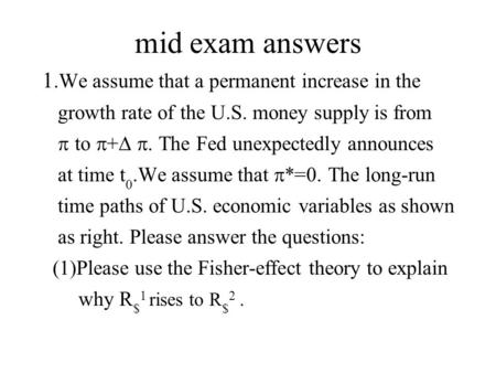 Mid exam answers 1.We assume that a permanent increase in the growth rate of the U.S. money supply is from  to  +  . The Fed unexpectedly announces.