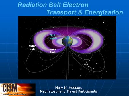 Radiation Belt Electron Transport & Energization inner belt outer belt Slot region Mary K. Hudson, Magnetospheric Thrust Participants.