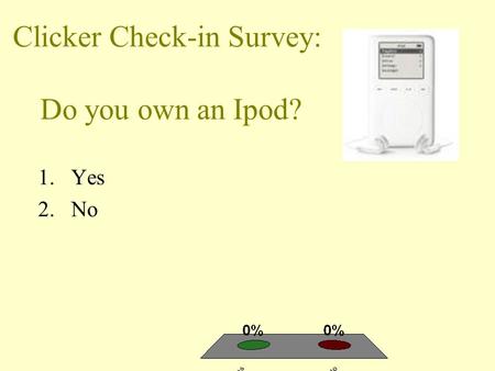 Clicker Check-in Survey: Do you own an Ipod? 1.Yes 2.No.